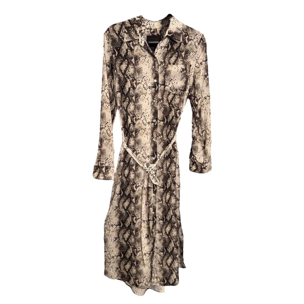 Le Superbe Size 2 Long Sleeve Belted Shirt Dress Brown Gray Snake Print Midi - Picture 2 of 10